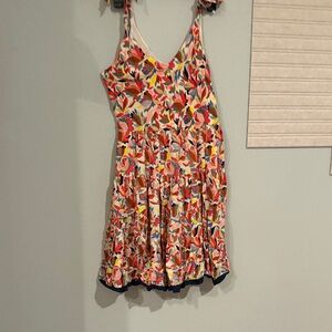 THML White Floral Tiered Mini Dress with Coral & Navy Accents